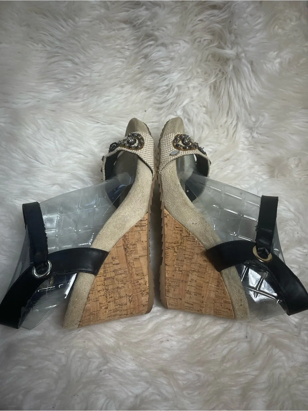 Cloud Walker By Avenue Cork Wedge Sandals Black Ankle Strap & Beaded Front SZ13W